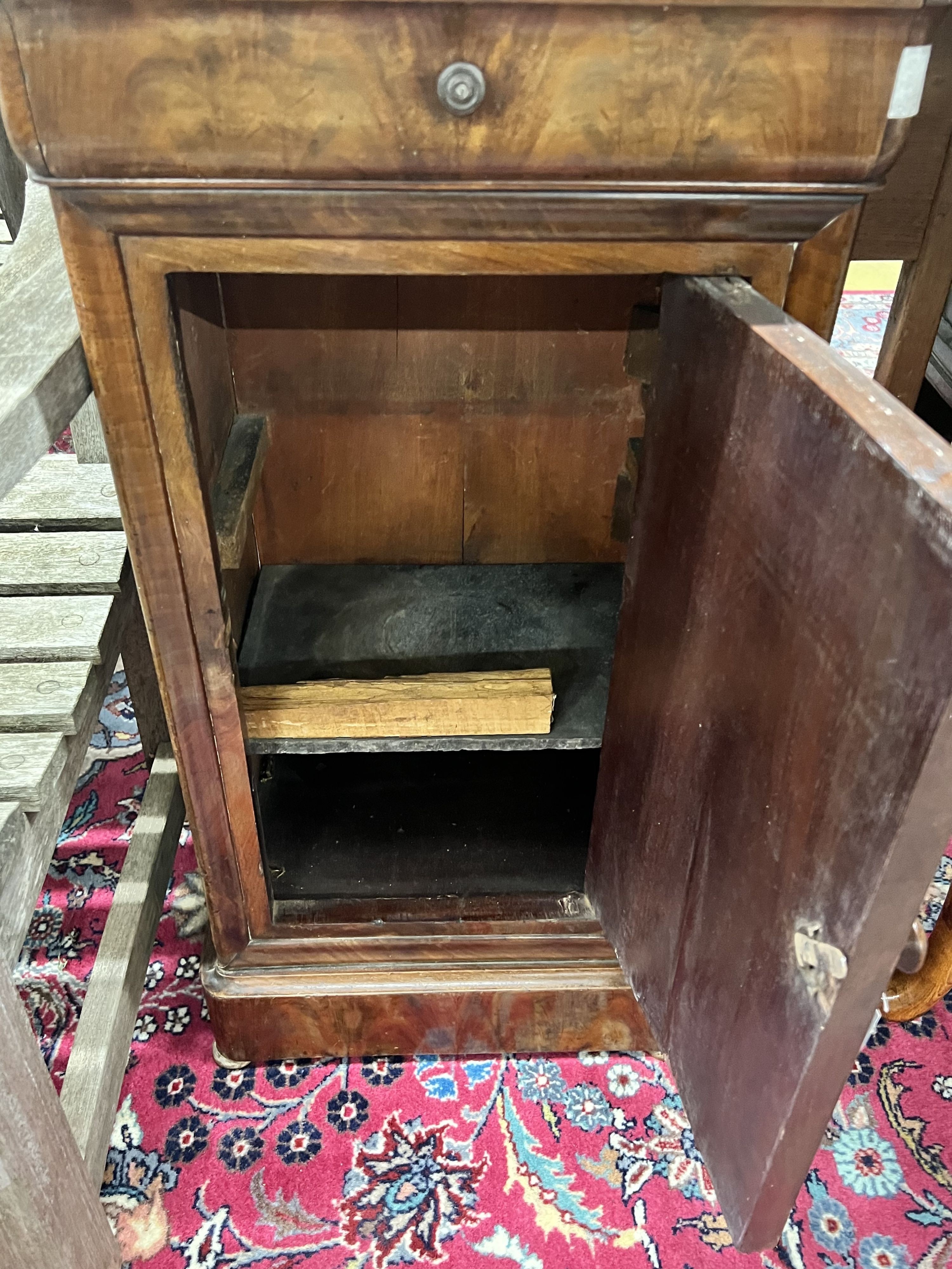 A 19th century French marble topped bedside cabinet, width 44cm depth 35cm height 76cm